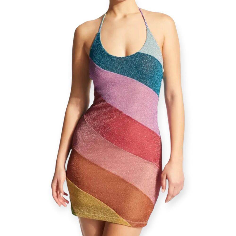Kurt Geiger Rainbow Sparkly Halter Mini Dress Size XL